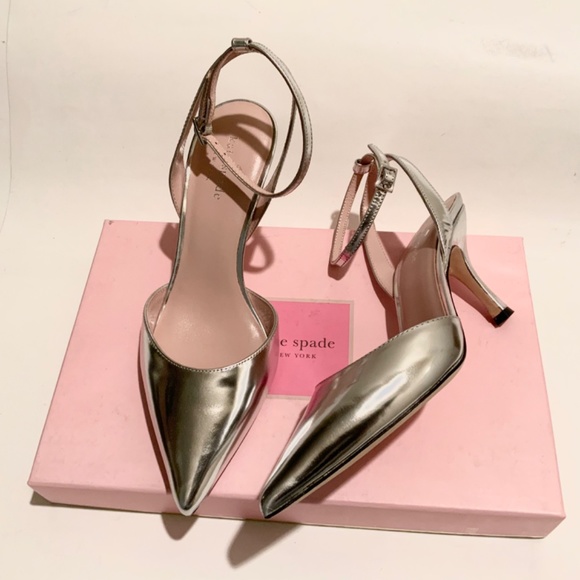 KATE SPADE Simone Pointed-toe Ankle-strap Leather Pumps Silver Dress Shoes 7.5 - Picture 7 of 9